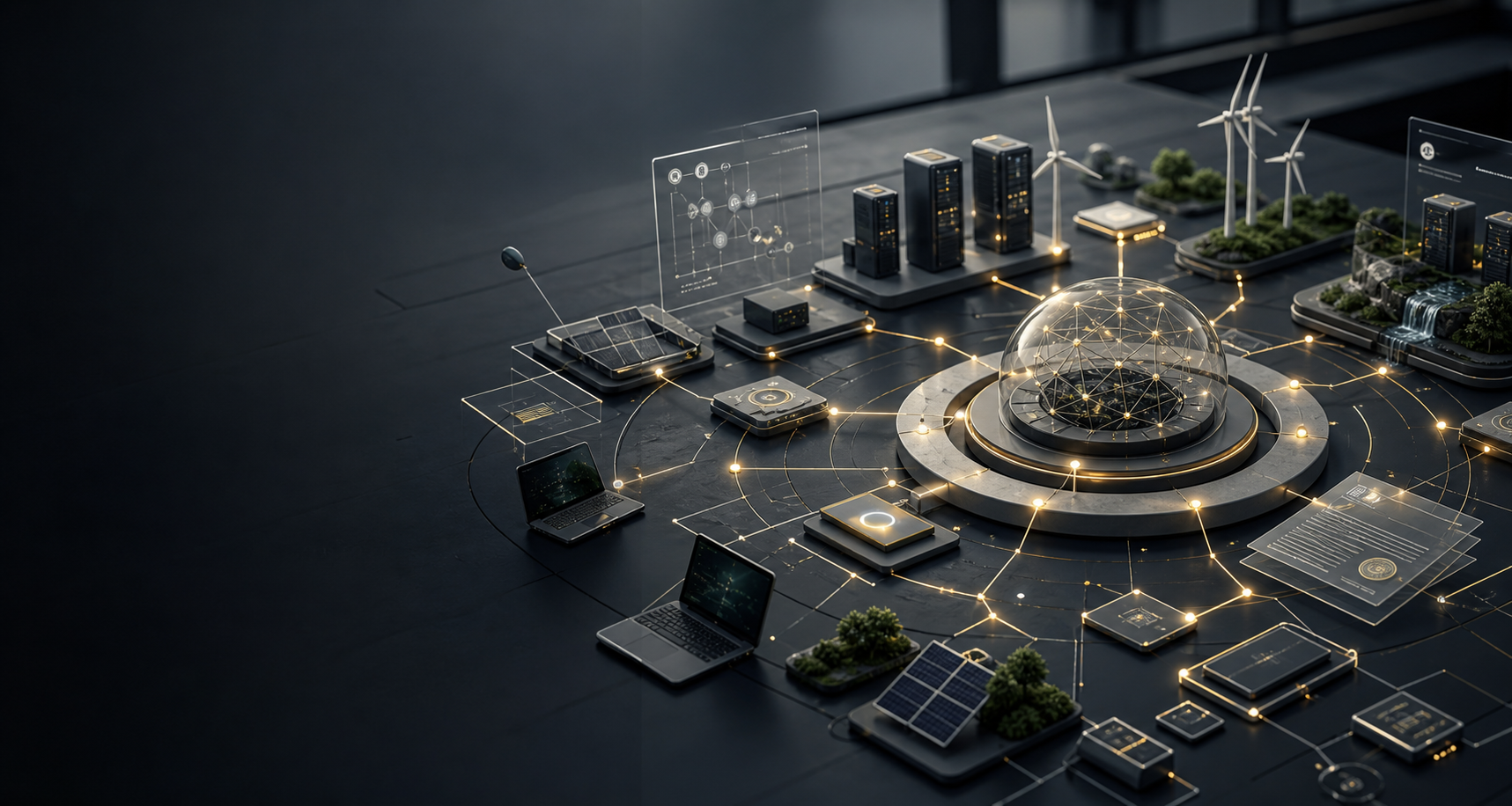 Organized technology command center with connected infrastructure nodes and governance documents